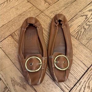 Coach Brown Leather Flats with Gold Ring Detail